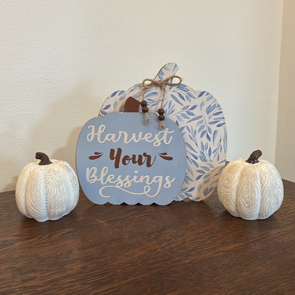 NWT- Harvest Your Blessings Wooden Pumpkins Sign & 2 White Carved Wood Pumpkins